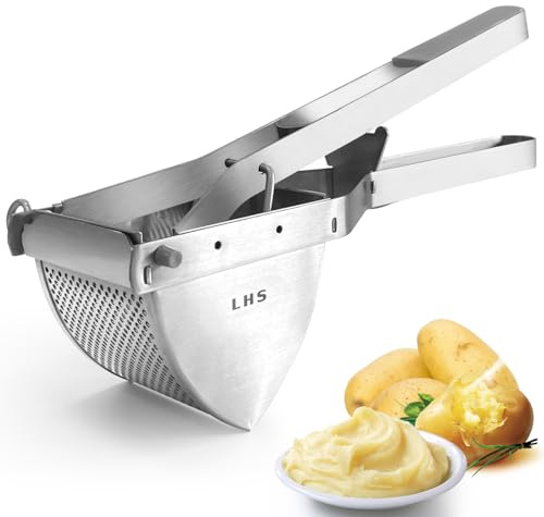 LHS Stainless Steel Potato Ricer and Masher, Heavy Duty Commercial Food Masher, Ergonomic Comfort Grip, Extra Large Capacity, Dishwasher Safe (Grey)