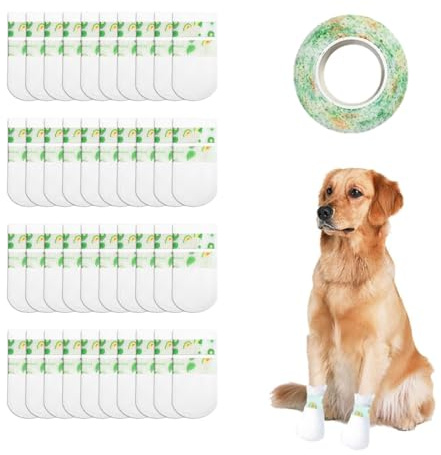 EYVRPAU 40 Stücke Einweg-Hundeschuhe, verstellbare Einweg-Hundesocken, Allwetter-Hundestiefel, verletzte Pfoten, wasserdicht, Haustier-Schuhüberzieher mit Selbstklebender Bandage, für Spaziergänge