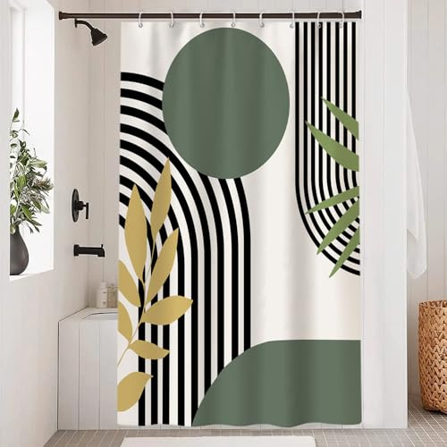 Uiiooazy Duschvorhang 120x200cm Anti Schimmel Grün Abstrakt Boho Gemustert | Duschvorhang Salbeigrün Blätter Schwarz Linien Wasserdicht Stoff Polyester Waschbar Bad Vorhang mit 8 Haken für Badezimmer