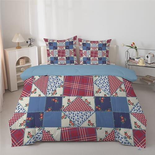 Linfye Bettdecke 200x200cm – 4 Jahreszeiten Rotes Plaid Steppdecke 200x200, Weiche Ganzjahresdecke Waschbare Blumen-Patchwork Bettdecken, Wende Bettdecke ohne Bezug mit 2 Kissenbezügen 80x80 cm