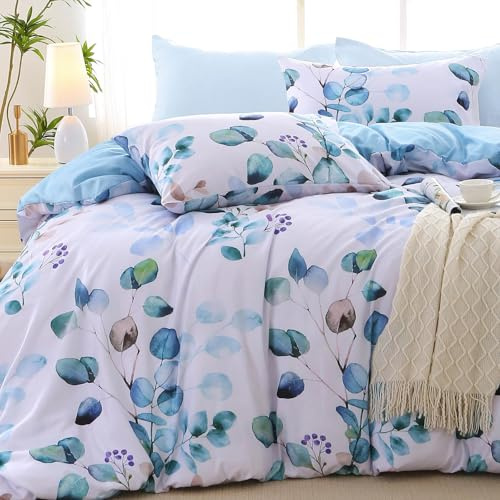 MUXHOMO Bed in a Bag Queen 7 Pieces, Queen Comforter Set Reversible Blue Botanical Flowers Design, Ultra Soft & Breathable Bedding Sets with Comforter, Sheets, Pillowcases & Shams