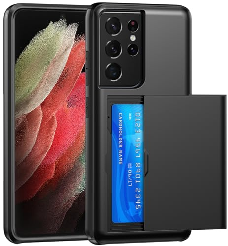 SZSSZSM Plånbok för Galaxy S21 Ultra Fodral med Korthållare, Svart | Dubbelbottnad, Militärklassat Skydd, Stötsäkert, Dolda Kortplatser, Tunn och Exakt Passform Skal