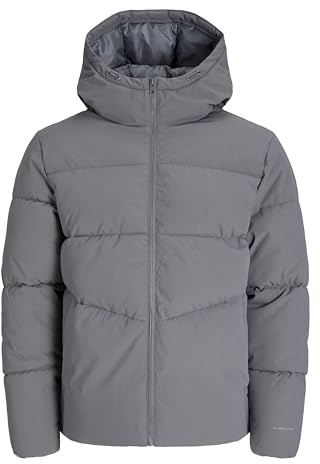 JACK & JONES Mens Puffer Jacket Hooded Long Sleeve Detachable Hood Full Zip Outdoor Windproof Jacket for Men, Castlerock Colour, UK Size - M