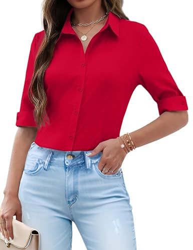 Zeagoo Camisas Mujer Manga 3/4 Blusa Color Sólido Camisa con Botones | Cuello en V Camiseta | Basica Parte Superior | Ropa de Oficina Informal | XS-2XL
