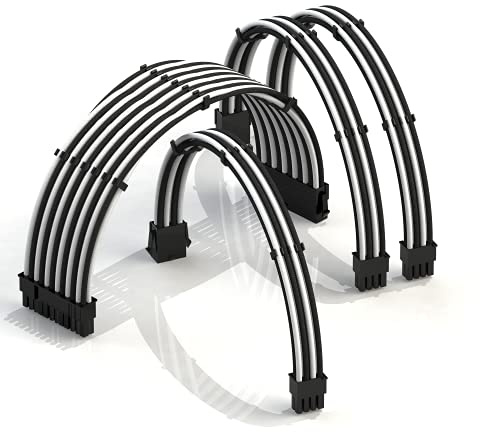 LINKUP - AVA 30cm PSU Cable Extension Sleeved Custom Mod GPU PC Braided w/Comb Kit | 1 x 24 P (20+4) | 1 x 8 P (4+4) CPU | 2 x 8 P (6+2) GPU set | 300mm - WhiteBlack