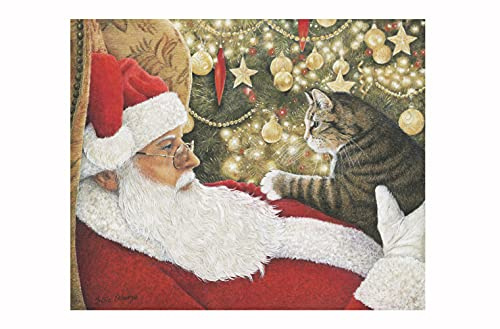 A Rare Breed Weihnachtskarte mit Katze, englische Aufschrift Best Present, hergestellt in Großbritannien, mit Weihnachtsmann und einem Tabby in einer heimeligen Szene. Saisonale Grußkarten innen