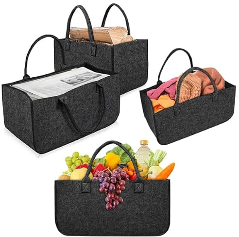 YUENFONG Filztaschen shopper 4 Stück Kaminholztasche Filz für kaminholz, Kaminholzkorb Filztasche Faltbar Tragbarer Filzkorb, mit Henkeln, für Kaminholz Zeitungen, bis 30kg Tragfähigkeit (Hellgrau)