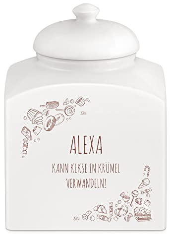 Maverton Keramik Keksdose mit Aufdruck - Vorratsbehälter mit Deckel - Vorratsglas personalisiert - Gebäckdose für Frauen zum Geburtstag - Keksglas für Naschkatze - weiß - Naschen
