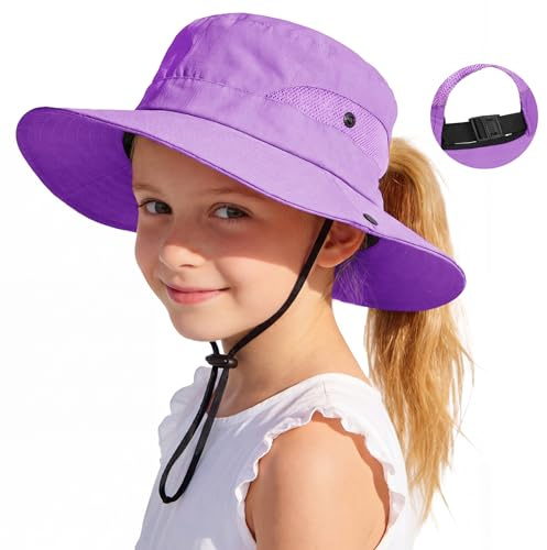 Zando Ponytail Hole Kids Sun Hat Adjustable Girls Beach Bucket Hat UPF 50+ Wide Brim Sun Protection Foldable Child Summer Cap Youth Waterproof Windproof Breathable Swim Fishing Purple 4-8 Years