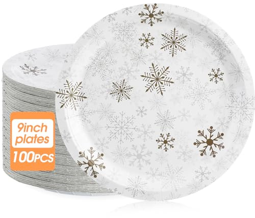 Uiifan 100 Pcs Winter Paper Plates 9 Inch Gold Snowflake Dinner Plates Disposable Holiday Dessert Party Plate Dinnerware for Wonderland Decorations Baby Shower Birthday Party Supplies Wedding