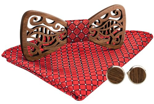 MERIT OCEAN Holzfliege Holz Fliege Hohles Schwarze Walnuss Herren Manschettenknöpfe Plaids Einstecktuch Set mit Box Bräutigam Trauzeuge Geschenk für Hochzeiten,Abschlussball,Partei Rot