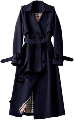 Manteau décontracté à Double Boutonnage pour Femmes Coupe Vent Veste de Printemps et d'automne Manteau à Long Revers de Couleur Unie Manteau d'affaires Loisirs Trench à la Mode (Bleu Marine,L)