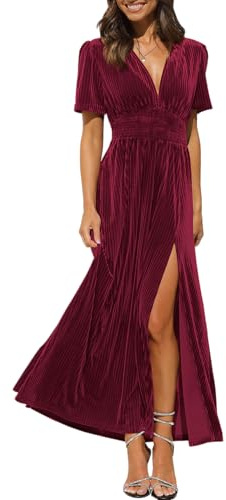 Sissyaki Women's Retro V-Neck Velvet Maxi Dress Wedding Guest Formal Party Long Dresses A#Burgundy X-Large