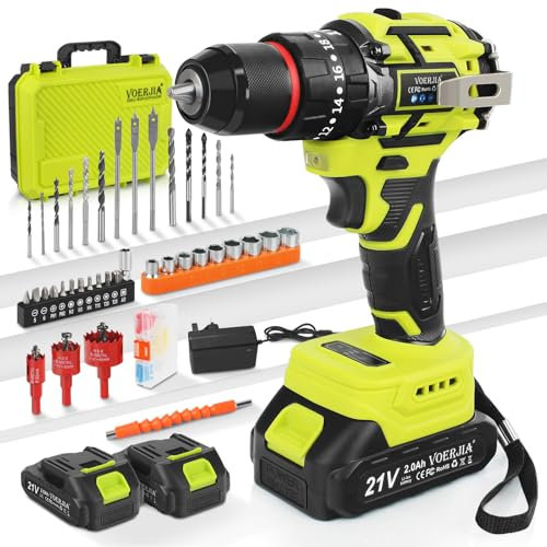 VOERJIA Cordless Drills, 21V Brushless Battery Drill with 2 Batteries 2000mAh, 20+3 Torque Electric Drills, 3/8 Chuck, 65N.m Max Hammer Drill, 2 Spees LED Drill Set, 46Pc DIY Power Tools for Home