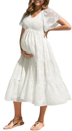 Baby Shower Dress Maternity White Pregnancy Photoshoot Summer Flowy Boho Midi Flutter Sleeve Wedding Dresses 2025