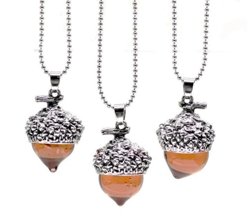 Jewelry Celebrity Amber Glass Acorn Pendant Necklace, Gold and Silver Plated Chain, Nature Inspired Design (Silver)