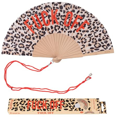 FISURA â€“ Handfächer aus Holz mit der Aufschrift F*ck offâ€œ. Trendiges, gewagtes Accessoire mit Leopardenmuster und roten Details, ideal für heiÃŸe Tage. Mit Aufhänger. MaÃŸe: 42,5 x 23 cm