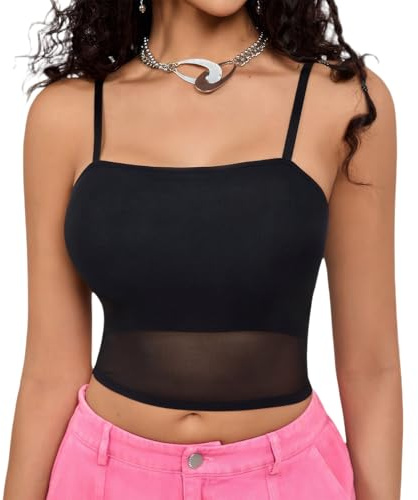 Women’s Mesh Camisole Top – Sexy Adjustable Spaghetti Strap Tank Top with Waist Cinching, Sleeveless Crop Undershirt for Casual, Y2K, or Going Out Looks (UK, Alpha, M, Regular, Regular, Black)