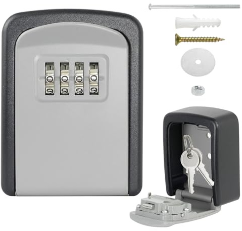 KNJOMZIE Key Safe with 4 Digit Code, Weatherproof Key Safe with Shackle, Zinc Alloy Key Box for Door Cards