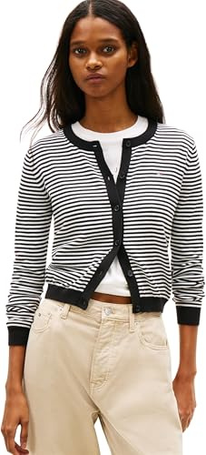 Tommy Jeans Donna Giacca in Maglia Cardigan Essential Crew Neck con Chiusura a Bottoni, Multicolore (Black Stripe 02), M