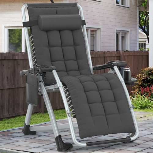 Ferghana Zero Gravity Liegestuhl Klappbar mit Polster und Getränkehalter – Gartenliege, Balkonliege, Terrassenstuhl für Garten, Strand, Pool – schwarz,107x65x71cm