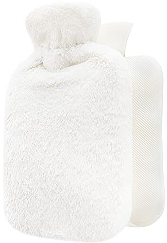 Bouillotte avec Housse en Peluche - Housse en Peluche Moelleuse et Douce - Grande Capacité 1,8 L - Bouillotte Eau Chaude pour Soulagement de la Douleur & Nuits Chaudes Cosy - Blanche