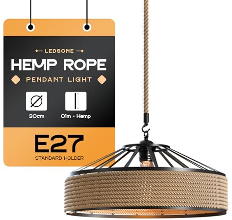 LEDSone Lampada a sospensione in corda di canapa, paralume a gabbia per uccelli, struttura in ferro con filo singolo regolabile da 100 cm, E27 (30 cm di ombra)