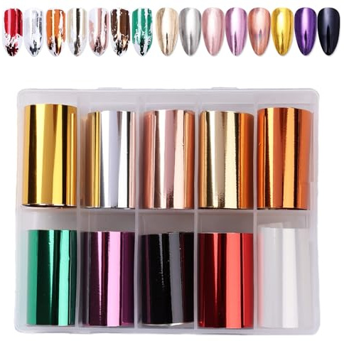 10 Rolls Transferfolie Nailart, EBANKU Transferfolie Nägel Nagelfolie Aufkleber, Nailart Folie Transfer Nail Art Fittings Nagel Sticker Nagelfolien Set Glänzende Deko DIY Nagelschmuck