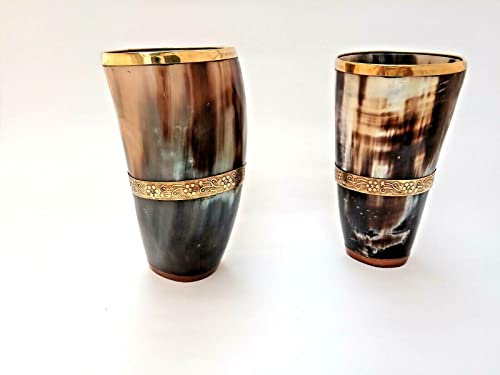 Lot de 2 tasses en verre en forme de corne décorée avec bande en laiton en relief incrustée de verre pour bière, vin, hydromel Capacité 300 ml
