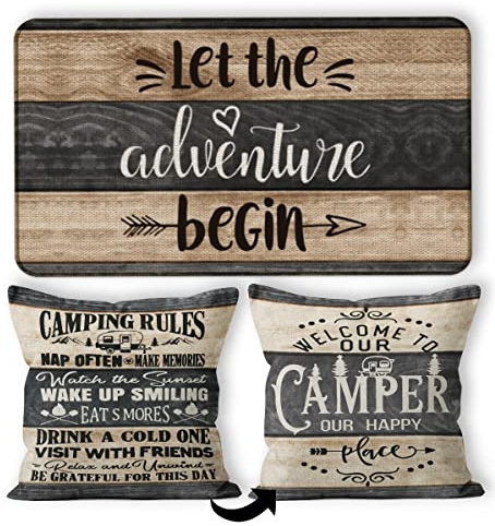 M-Qizi RV Door Mat Pillow Covers Set - Best Gifts for RV Owners, Set of an 18x18 Pillow Cover and a 30''x17'' Camper Door Mat, Camper Decorations for Inside, RV Decor, Log Cabin Decor