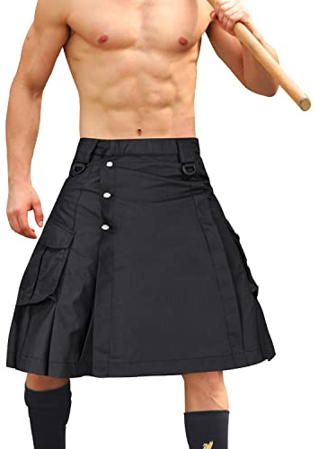 AKARMY Men's Kilt for Men, Camo Scottish Outdoor Utility Pleated Tactical Kilt,Irish Highland Hybrid Kilts Black 36