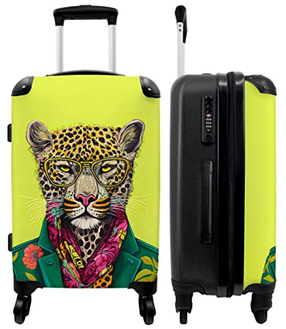 NoBoringSuitcases.com® Koffer groß Trolley Rollkoffer Reisekoffer mit 4 Rollen Fotokoffer - Panther - Tier - Brillen - Farben - 67x43x25cm - 90 Liter