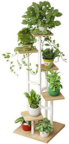 SZITW 6-stöckiges Blumenregal aus Holz, Pflanzgefäßhalter, Metallleiter, Pflanzenständer, Präsentation im Innen- und Außenbereich, Wohnzimmer, Garten, Büro, dekorativ, weißer Rahmen