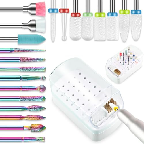 21-teilige nagelfräser bit Sets mit Nagelbohrer-Halteretui, 3/32 Zoll Diamant-Nagelhautfeile und Keramik-Acrylgel-Nagelbit-Set, Hartmetall-Nagelhautentferner-Bits für Maniküre, Pediküre, Heimsalon