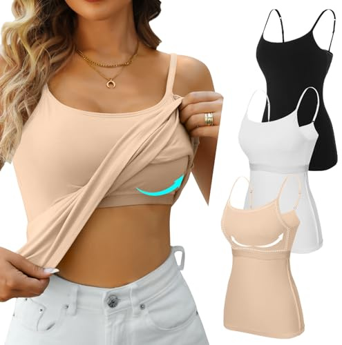 V FOR CITY Camisole for Women Built-in Shelf Bra Adjustable Spaghetti Strap Tank Summer Cotton Cami Shirts 3 Pack Black/Apricot/White L