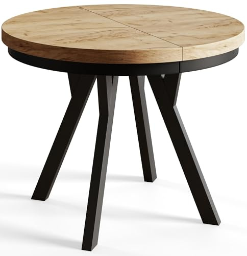 AlpiMeble Esstisch Ausziehbar Evo, Stabile Konstruktion, 120-220cm, Craft | Runder Tish, Moderner Wohnzimmertisch und Küchentisch, Schwarze Beine