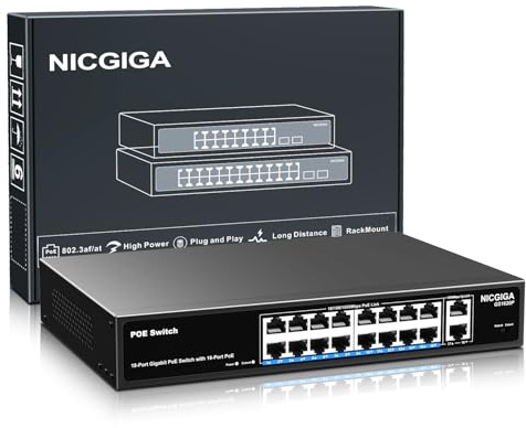 Commutateur Gigabit PoE 16 Port Non géré, 16 Port PoE+@250W, 2 Port de Liaison Montante Gigabit, commutateur réseau Gigabit Power Over Ethernet NICGIGA 18 Port, Mode VLAN, Montage en Rack 19 Pouces