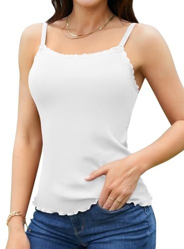 Lace Camisole for Women with Built-in Bra Adjustable Spaghetti Strap Vest Tanks Lettuce Hem Ribbed Undershirt White S