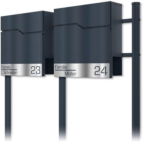Graviers Design Boîte aux Lettres sur Pied en Anthracite RAL 7016 pour immeuble de 2 Appartements - Boîte aux Lettres Personnalisable Plaque INOX Gravure au Laser - avec Serrure
