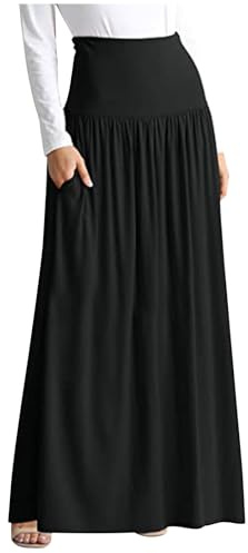 Flodxo Jupes maxi en coton pour femme - Taille élastique - Style bohème - Grande taille - Décontractée - Longueur cheville - Jupe longue avec poches - Uni - Taille haute - Tendance - Uni, Noir , XXL