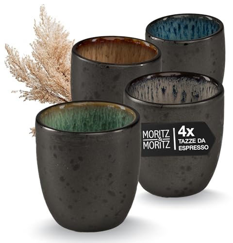 Moritz & Moritz SOLID Espressobecher 4er Pack - Steingut Espresso Tassen 70 ml im Set - Reaktives Design mit farbigen Innenseiten - Robuste kleine Kaffeebecher - Leicht stapelbar & pflegeleicht