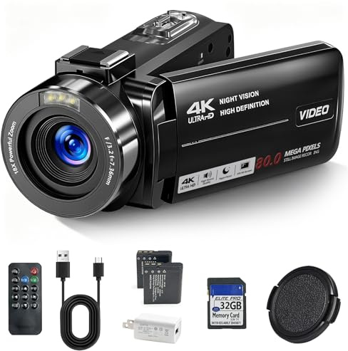 DINGIXOC Caméscope 4K, caméra de vlogging HD 80 MP pour YouTube avec vision nocturne infrarouge, zoom numérique 18x, écran IPS de 3, carte SD, 2 piles