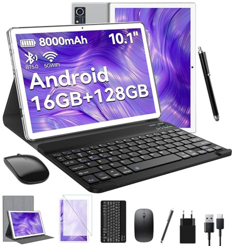 FEONAL Android Tablet 10 Zoll, 16GB RAM+128GB ROM(1TB TF), 5G WiFi Tablet Mit Tastatur Maus Stift & Hülle, MTK8183 Octa-Core, 8000mAh Akku, 21MP Kamera, 1080FHD, Type-C, GPS, OTG