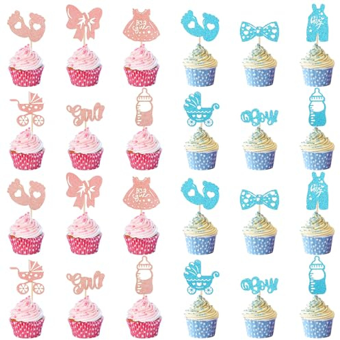MBAIYO 36 Pcs Gender Reveal Cupcake Toppers, Pink and Blue Baby Shower Decorations with Glitter Paper Pants Dresses Bottles Feet Boy or Girl Gender Reveal Party Decorations Supplies(36)