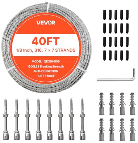 VEVOR Kit di Cavi Metallici da 3,2 mm, Lunghezza 12,2 m, Cavo in Acciaio Inossidabile 316, Resistenza alla Rottura 7,1 KN, Struttura a 7 x 7 Fili, per Sistema di Ringhiere per Ponti, Luci a Stringa