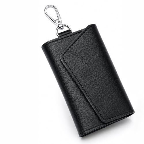 Genuine Leather Key Wallet Organiser with 6 Hooks Card Slot Black Unisex