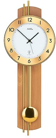 AMS. Pendeluhr 5266-18, Funk, aus Buchenholz, mit Messingstäben, weißem Zifferblatt, goldenem Ziffernring und Mineralglasabdeckung