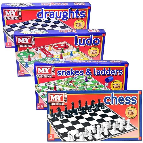 KandyToys M.Y Set of 4 Traditional Board Games | includes Chess; Ludo; Snakes & Ladders and Draughts