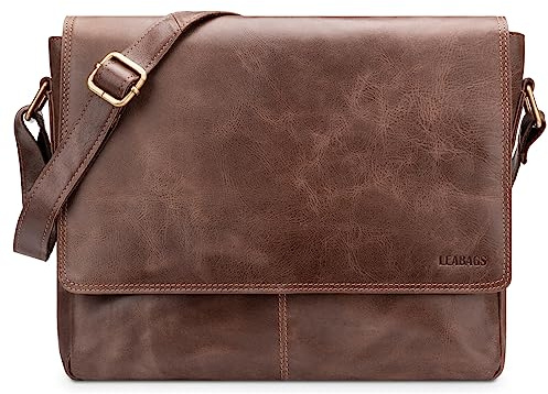 LEABAGS Borsa a Tracolla in Pelle per Uomo e Donna | Borsa per Laptop in Vera Pelle fino a 14 Pollici | Messenger Bag con Tracolla | Borsa da Lavoro, Trasporto e a Mano | Vintage Cognac