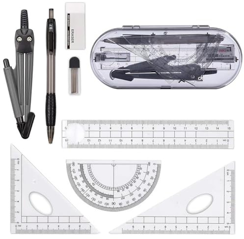 Glosoni 8-Piece Black Geometry Tool Set - Compass, Protractor, Ruler, Pencil, Eraser, Sharpener for School Math & Educational Geometry Drawing